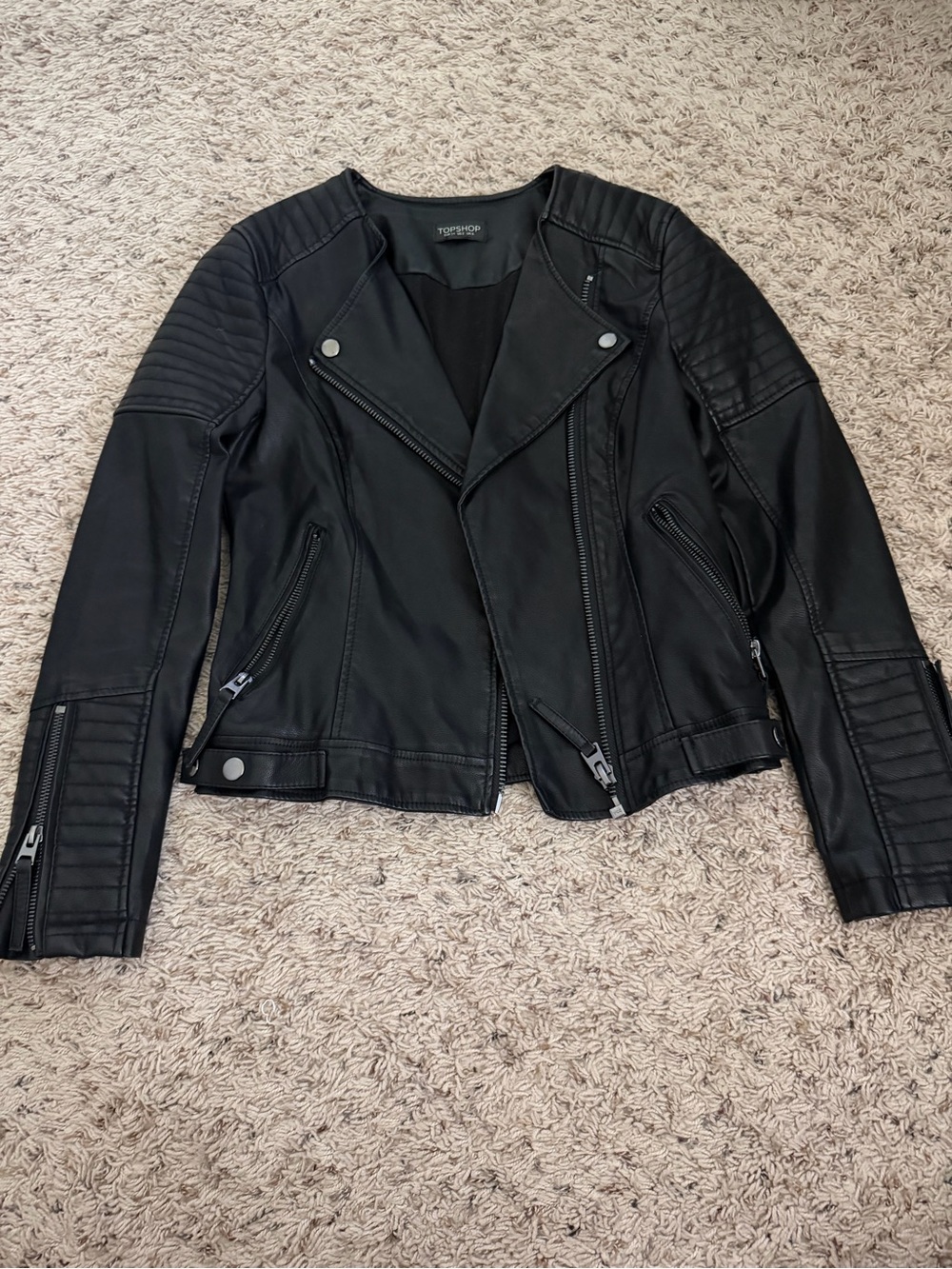 Topshop Black Faux Leather Biker Jacket with Quilted Shoulders - Size 2